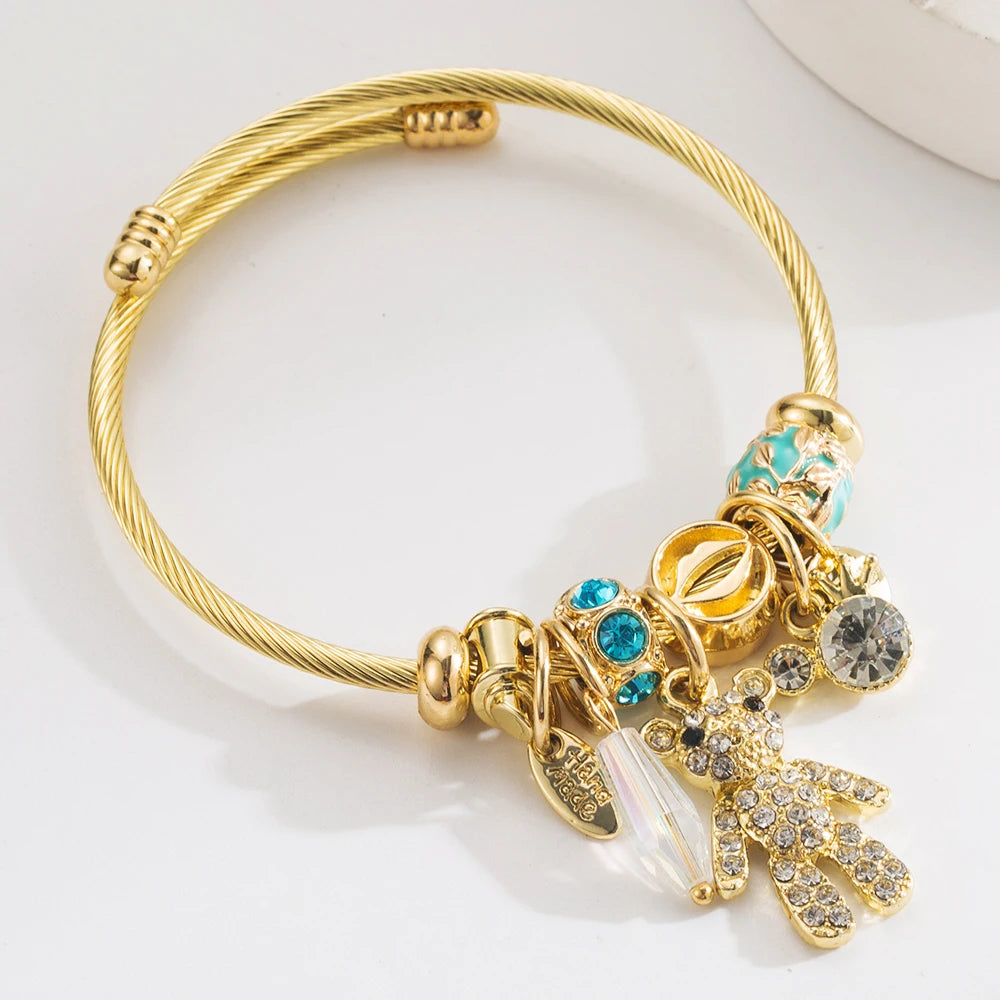 Gold Stainless Steel Pandora Bracelet With Personalized Bear Letter Pendant And Adjustable Opening For Women