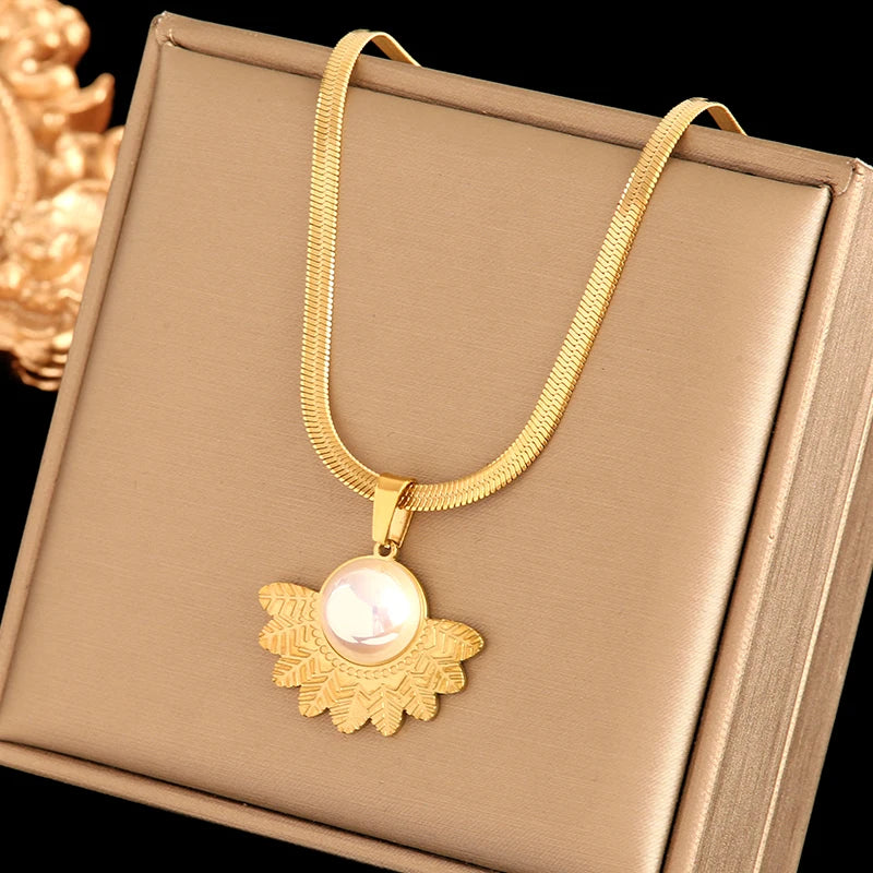 EILIECK 316L Stainless Steel Large Flower White Pearl Necklace For Women Fashion New Party Gift Neck Chain Waterproof Jewelry