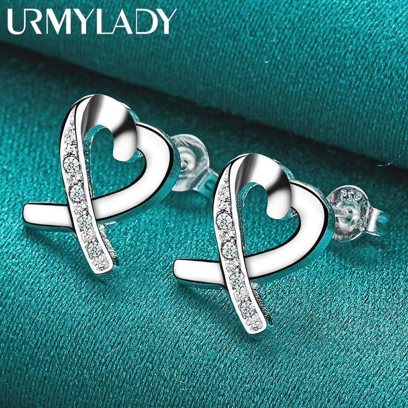 URMYLADY 925 Sterling Silver Love Heart Zircon Stud Earrings For Women Wedding Party Fashion Jewelry