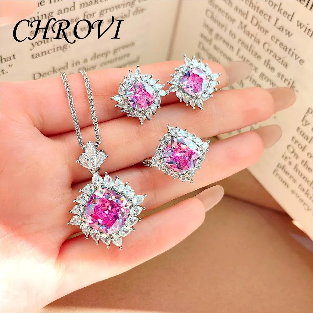 Light Luxury 925 Sterling Silver Set, Diamond Ring for Women, Elegant Pendant Necklace, Gemstone Stud Earrings