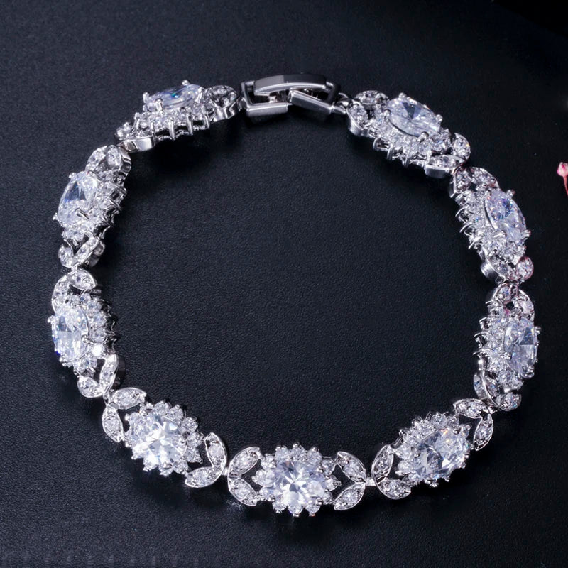 ThreeGraces Delicate Royal Blue Cubic Zirconia Flower Shape Tennis Bracelet for Women Wedding Engagement Costume Jewelry BR196