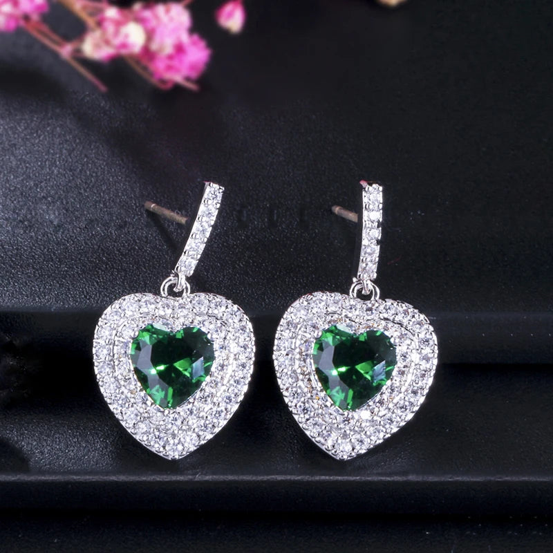 ThreeGraces Fashion Purple Green Zirconia Love Heart Shape Dangle Drop Earrings for Women New Trendy Daily Party Jewelry E1243