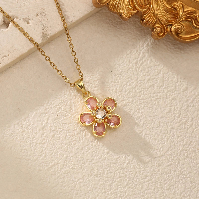 EILIECK Women's Trendy Floral Pink Zirconia Pendant Necklace Stainless Steel Neck Chain Daily Water-resistant Jewelry Lady Gift