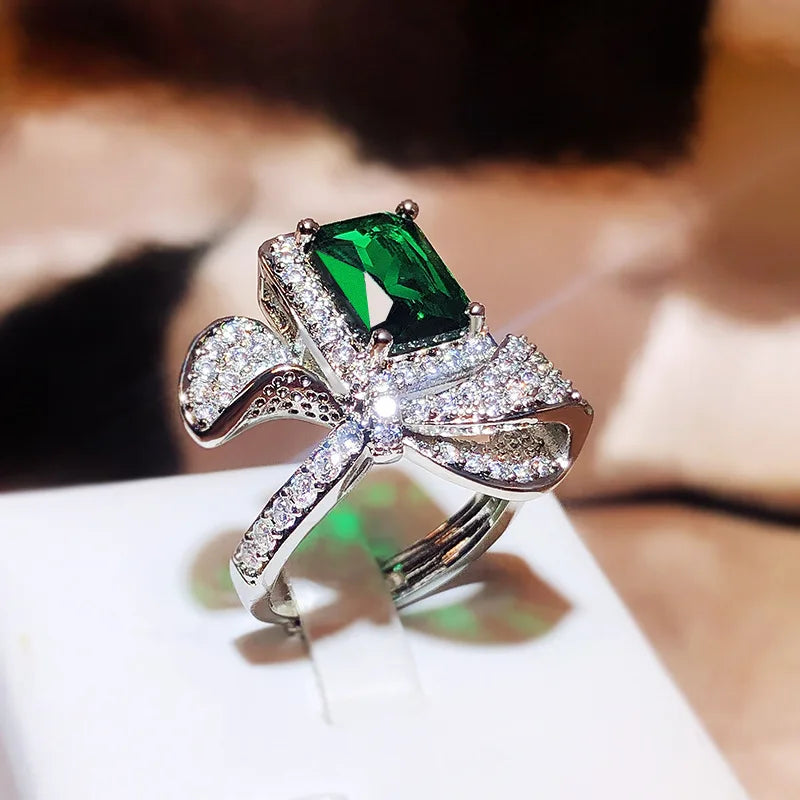 Simple And Light Luxury Bow Pink Purple Zircon Opening Ring Women's Party Birthday Jewelry Gift Wholesale