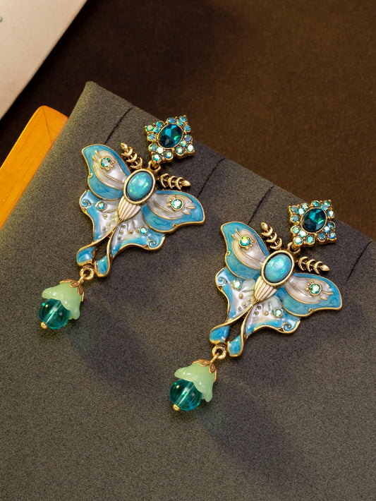 1 Pair of Vintage Cute and Sweet Blue Glitter Glaze Butterfly Pendant Earrings Suitable for Women to Wear Daily, for Festivals, Parties, or as a Gift