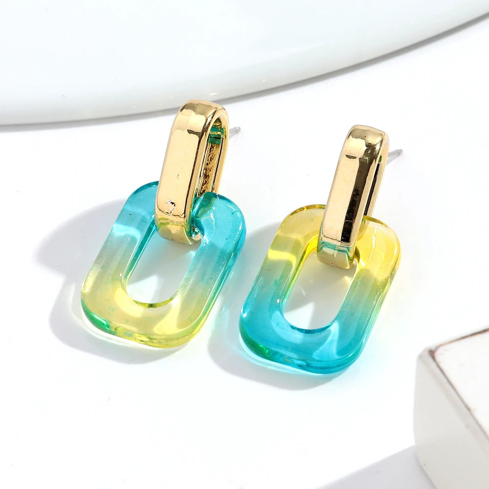 Fashion Acrylic Gradient Color Geometric Buckle Drop Earrings Transparent Iridescent Rectangle Earrings Women Wedding Jewelry