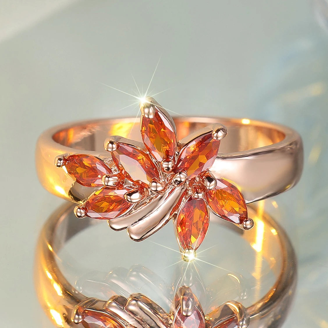 Cute Female Red Zircon Stone Tree Leaf Ring Rose Gold Color Engagement Charm Wedding Jewelry For Women