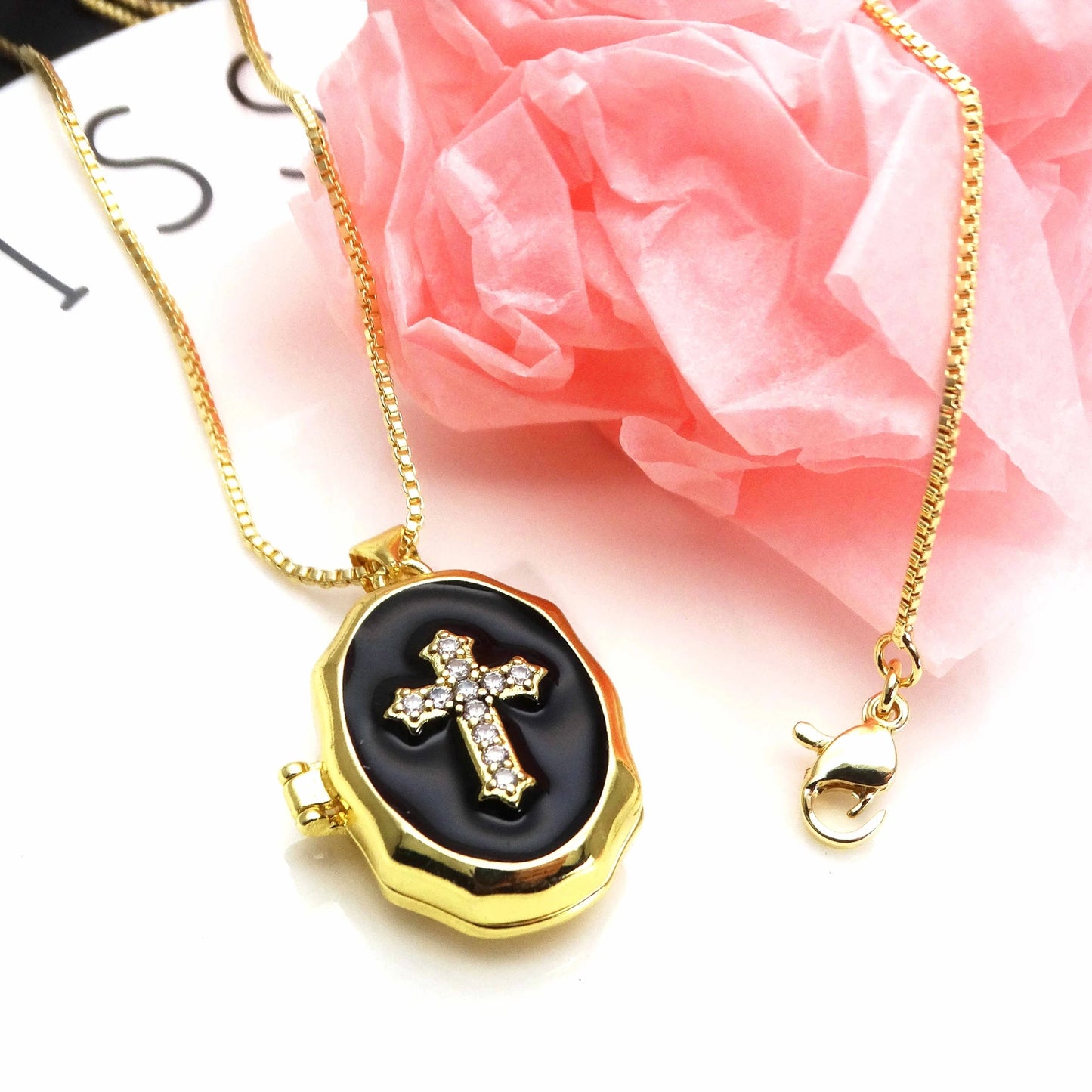 Micro Zircon oil drip photo box Cross Pendant necklace Fashion pendant necklace copper chain jewelry Accessories