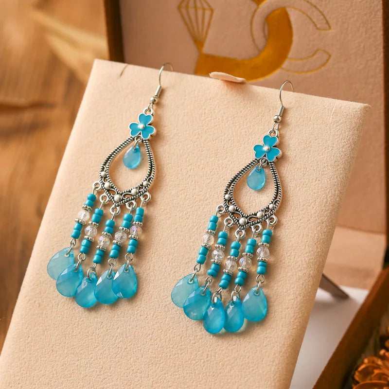 New Bohemian Long Rice Bead Water Drop Earrings for Women Ethnic Retro Drop Oil Hollow Dangle Earrings Vacation Party Jewelry