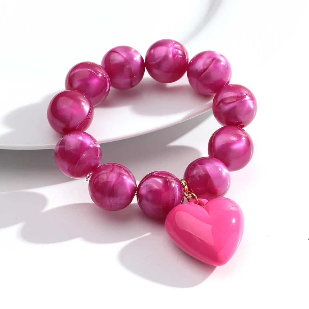 Boho Colorful Round Beads Heart Pendant Elastic Bracelets Fashion Geometric Beaded Bangle Bracelet Women Jewelry Gifts