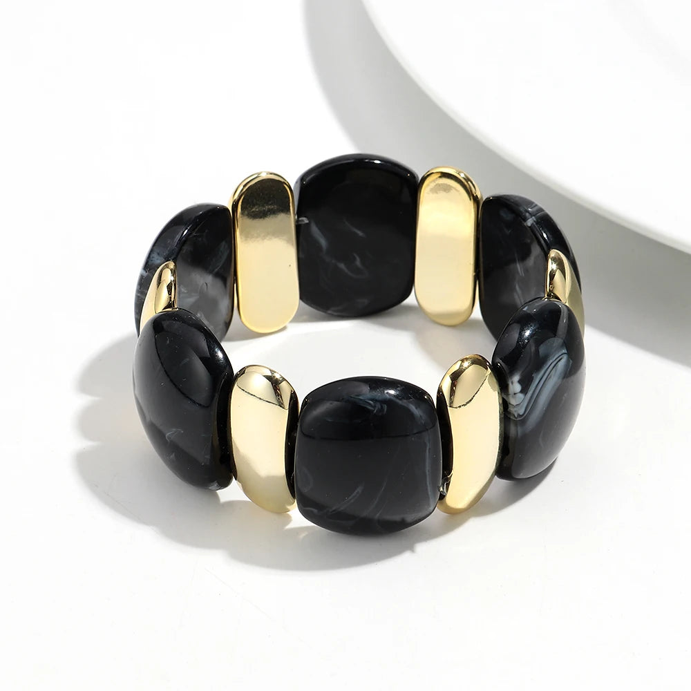 Elegant Acrylic Marble Geometric Petal Curved Beads Elastic Bracelets Trendy CCB Bead Chunky Bangles Bracelet Women Accessories