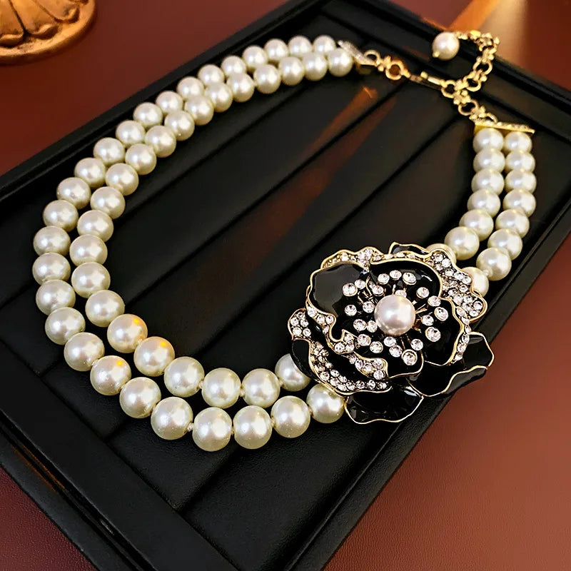Imitation Pearl Flowers Stud Earrings French Retro Exquisite Luxury Dropping Chain Necklace Romantic Jewelry Sets Wedding H