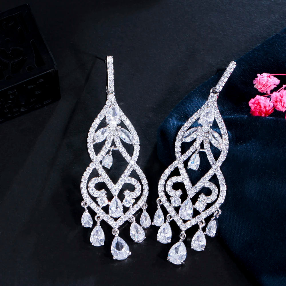 ThreeGraces Elegant Trendy Shiny White Zirconia Long Tassel Drop Bridal Wedding Party Dangle Earrings Jewelry for Women E2066