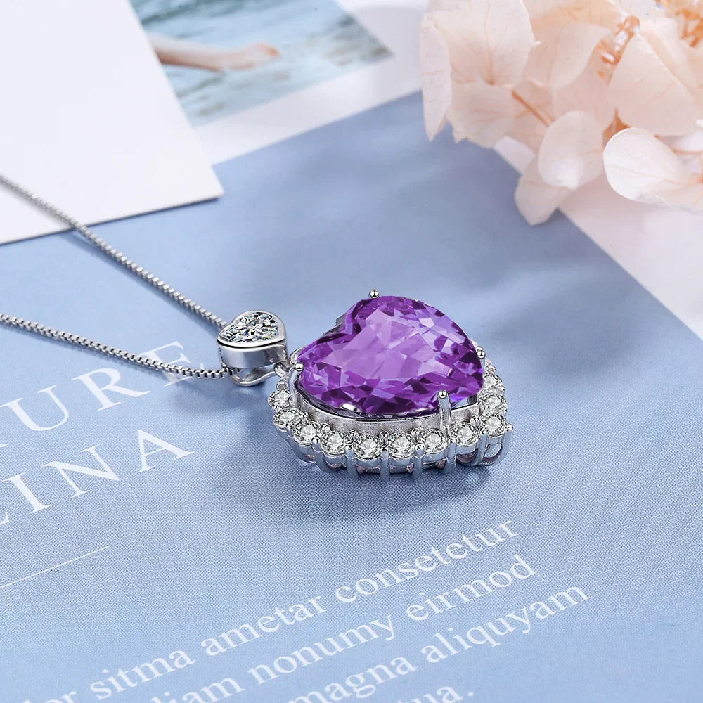 S925 Sterling Silver Women's Necklace with Purple Love Gemstone Pendant Adjustable Length 40cm to 45cm Luxury Jewelry