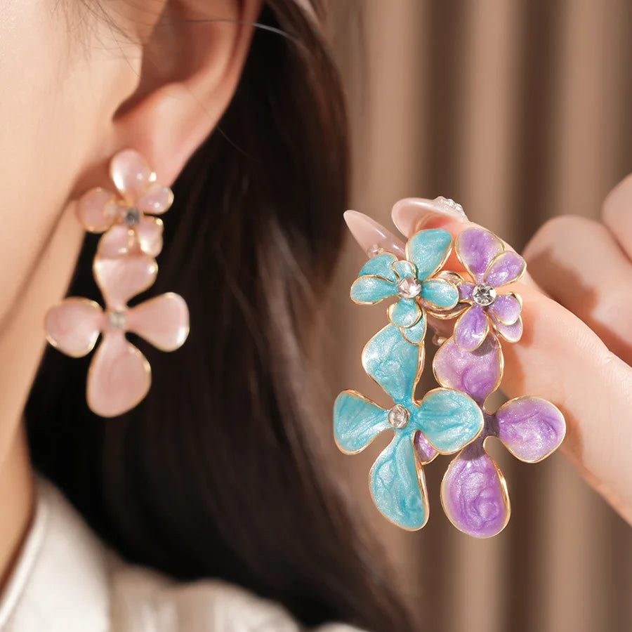 Double Layered Smudging Enamel Flower Drop Earrings for Women Vintage Shiny Rhinestones Dangle Earring Dating Party Jewelry N