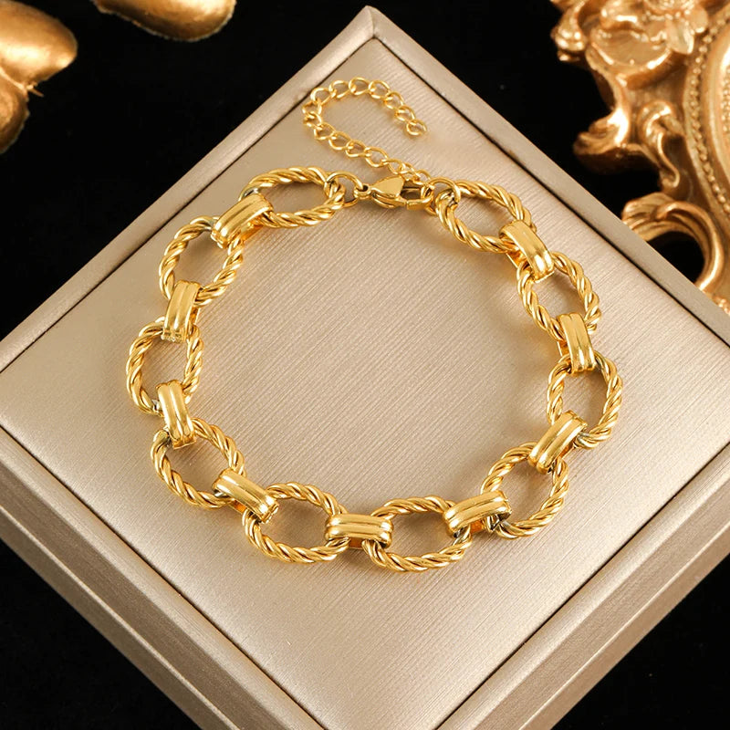 EILIECK 316L Stainless Steel Metal Gold Color Oval Link Chain Necklace Bracelet Set For Women Fashion Punk Waterproof Jewelry