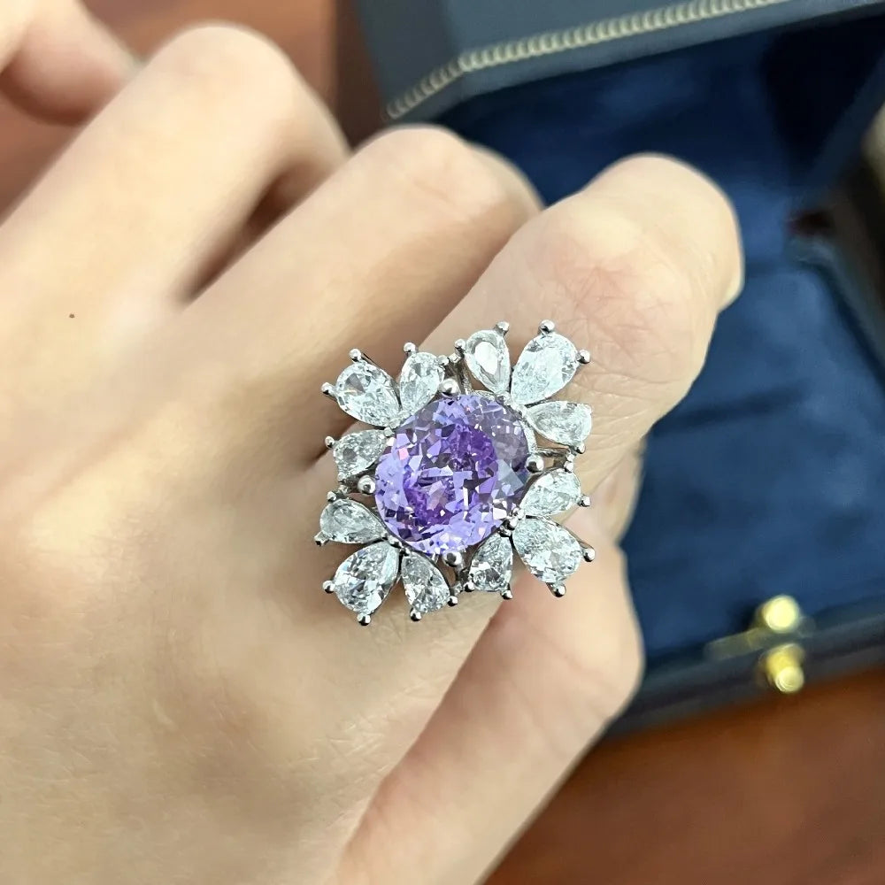 925 Sterling Silver Bright Bird's Nest Cut High Carbon Diamond Violet Flower Jewelry Set Elegant Jewelry