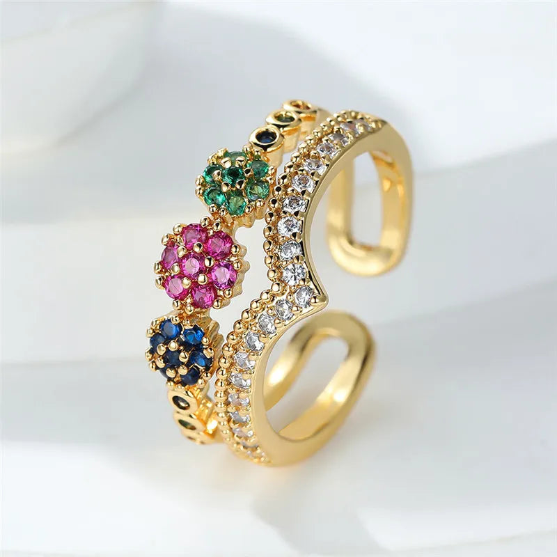 Luxury Female Small Round Adjustable Ring Classic Yellow Gold Color Engagement Jewelry Rainbow Wedding Rings For Women