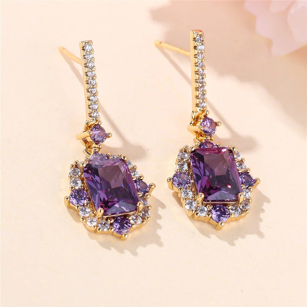 Luxury Female Purple Red Square Zircon Stone Drop Dangle Earrings Unique Gold Color Evening Jewelry For Women