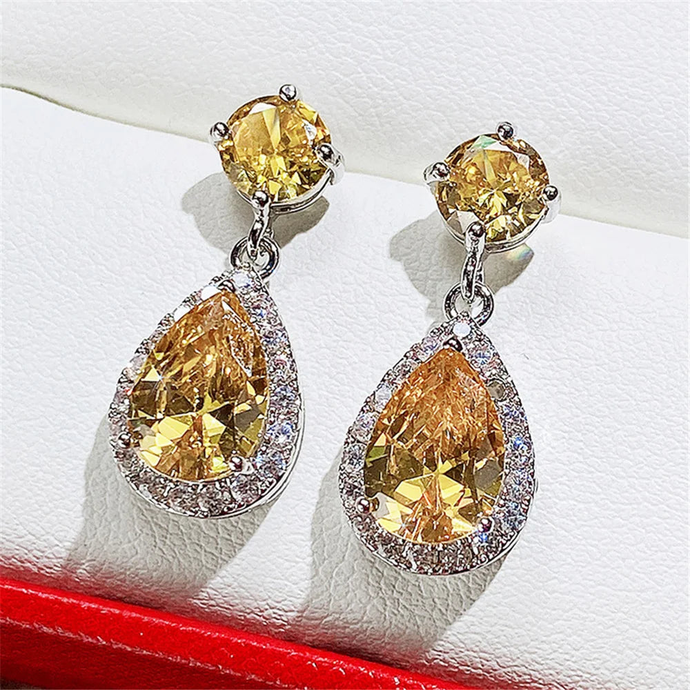Luxury Female Blue Yellow White Zircon Stone Drop Dangle Earrings Cute Silver Color Party Jewelry For Women
