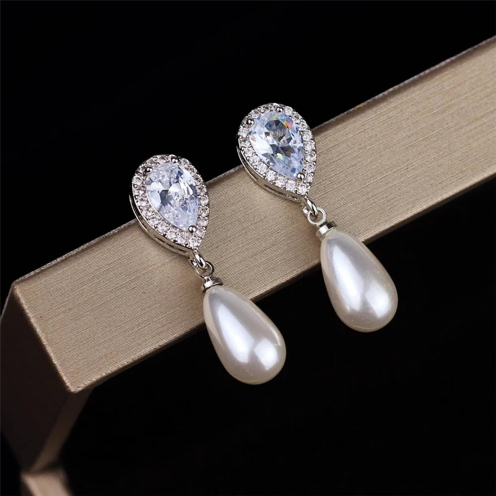Charm Female White Crystal Drop Earrings Cute Pearl Trendy Bridal Wedding Jewelry For Women
