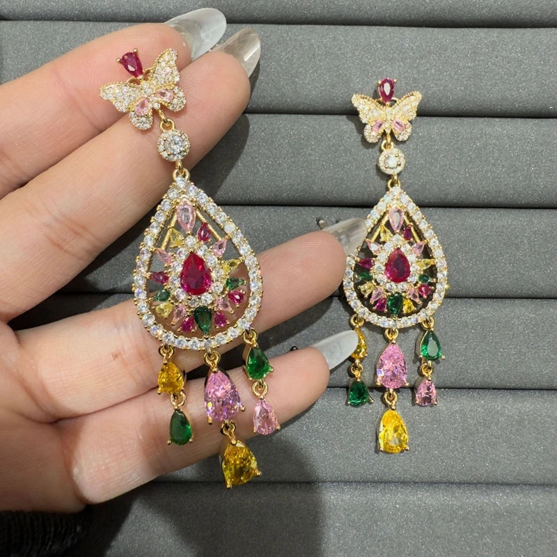 Luxury Cubic Zirconia Gemstone Bracelet Ring Earring Jewelry Set for Women Wedding Gift Colorful Stone Five Petal Flower Design