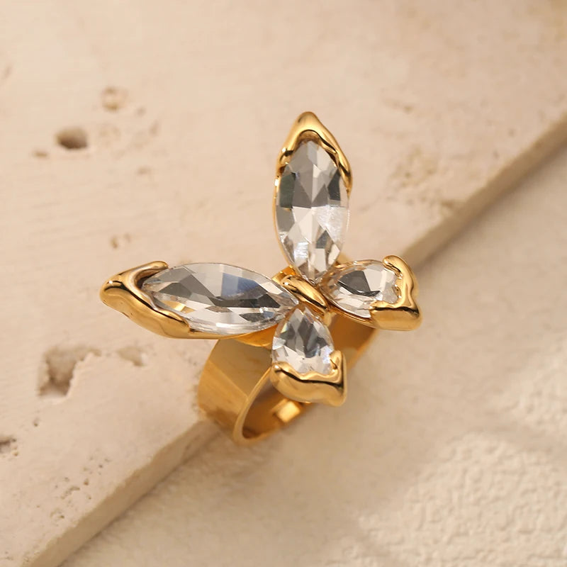 EILIECK Minimalist Classic 18K Gold Color Plated Butterfly Zircon Adjustable Ring Hypoallergenic Stainless Steel Jewelry Gift