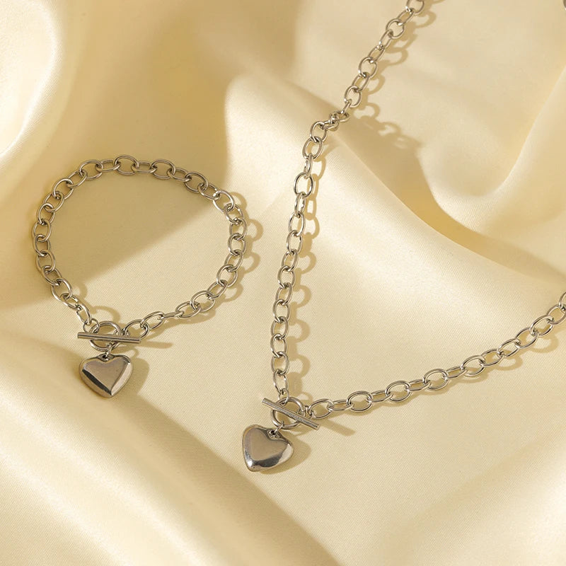 EILIECK 316L Stainless Steel Silver Color Heart Love Necklace Bracelets Set For Women Trendy OT Buckle Waterproof Jewelry Set