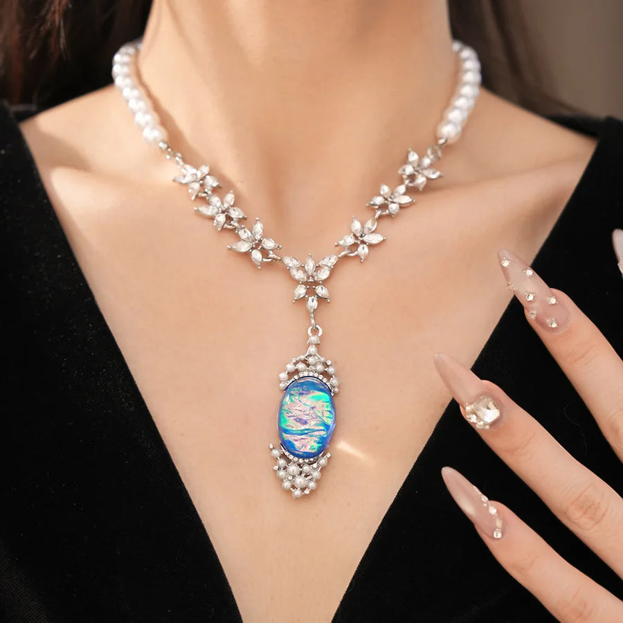 Imitation Pearl Necklace Drop Earrings Oval Shaped Pendant Necklace Earring Women's Fashion Rhinestone Party Jewelry Set  K