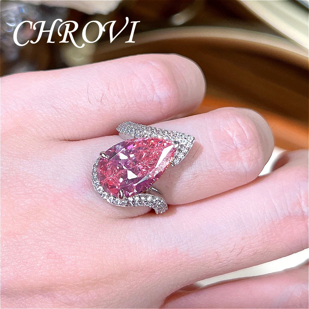 Luxury-Style 925Sterling Silver Drop-shaped Pink Zirconia Fashion Ring Full Diamond-Engraved Elegant Open Design Women's Jewelry