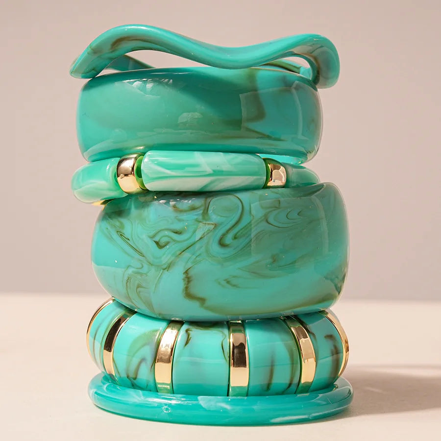 KMVEXO Vintage Turquoise Blue Geometric Resin Bangle Women Irregular Wide Bracelet Ladies Bohemian Beach Acrylic Bangles Jewelry