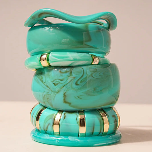 KMVEXO Vintage Turquoise Blue Geometric Resin Bangle Women Irregular Wide Bracelet Ladies Bohemian Beach Acrylic Bangles Jewelry
