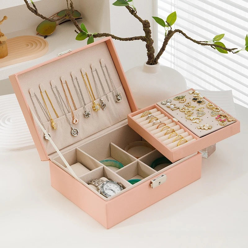 Double-layer Wooden Jewlery Box Ring Box Jewelry Boxes and Packaging with PU Leather Jewelry Storage Organizer and Makeup Case