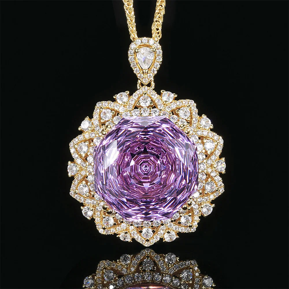 Retro 18*18mm Amethyst Pink Quartz Lab Diamond Gold Pendant Necklace for Women Cocktail Party Fine Jewelry Accessories Gifts