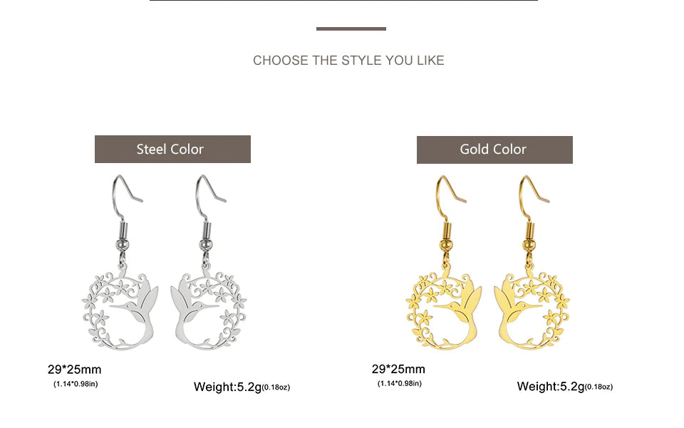 My Shape Hummingbird Earrings for Women Stainless Steel Flowers Birds Dangle Earrings Filigree Boho Fashion Jewelry  Gifts