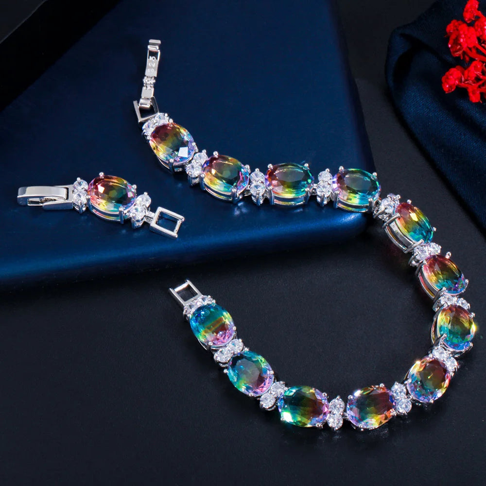 ThreeGraces Mystical Rainbow Cubic Zirconia Stones Silver Color Fashion Bridal Party Link Chain Bracelet for Women Jewelry BR380