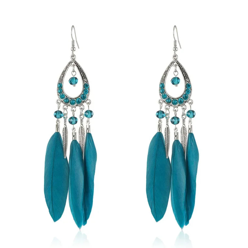 Bohemian Women Handmade Earrings For Female Colorful Long Feather Crystal Drop Tassel Dangle Earring Ladies Boho Jewelry Gift