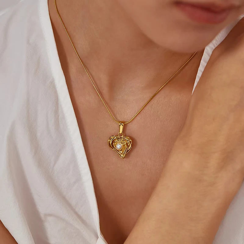 EILIECK New Fashion Stainless Steel Metal Heart Pearl Necklace Earrings For Women Trendy Gold Color Waterproof Jewelry Set Gift