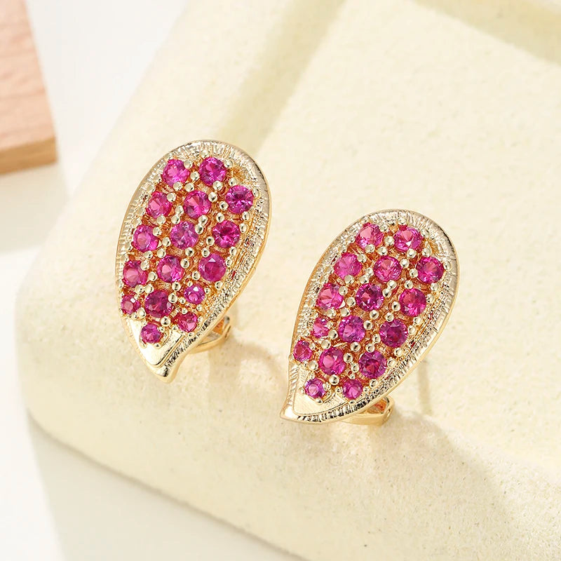 Sparkling Pink CZ Stud Earrings Gold Color Oval Shaped Pave Cubic Zirconia Earrings for Women Party Jewelry Bridal Accessories