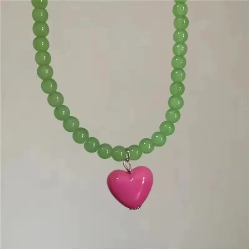Kpop Resin Candy Color Heart Pendant Glass Beaded Short Choker Collar Neck Necklace Aesthetic Charm Jewelry Y2K Accessories