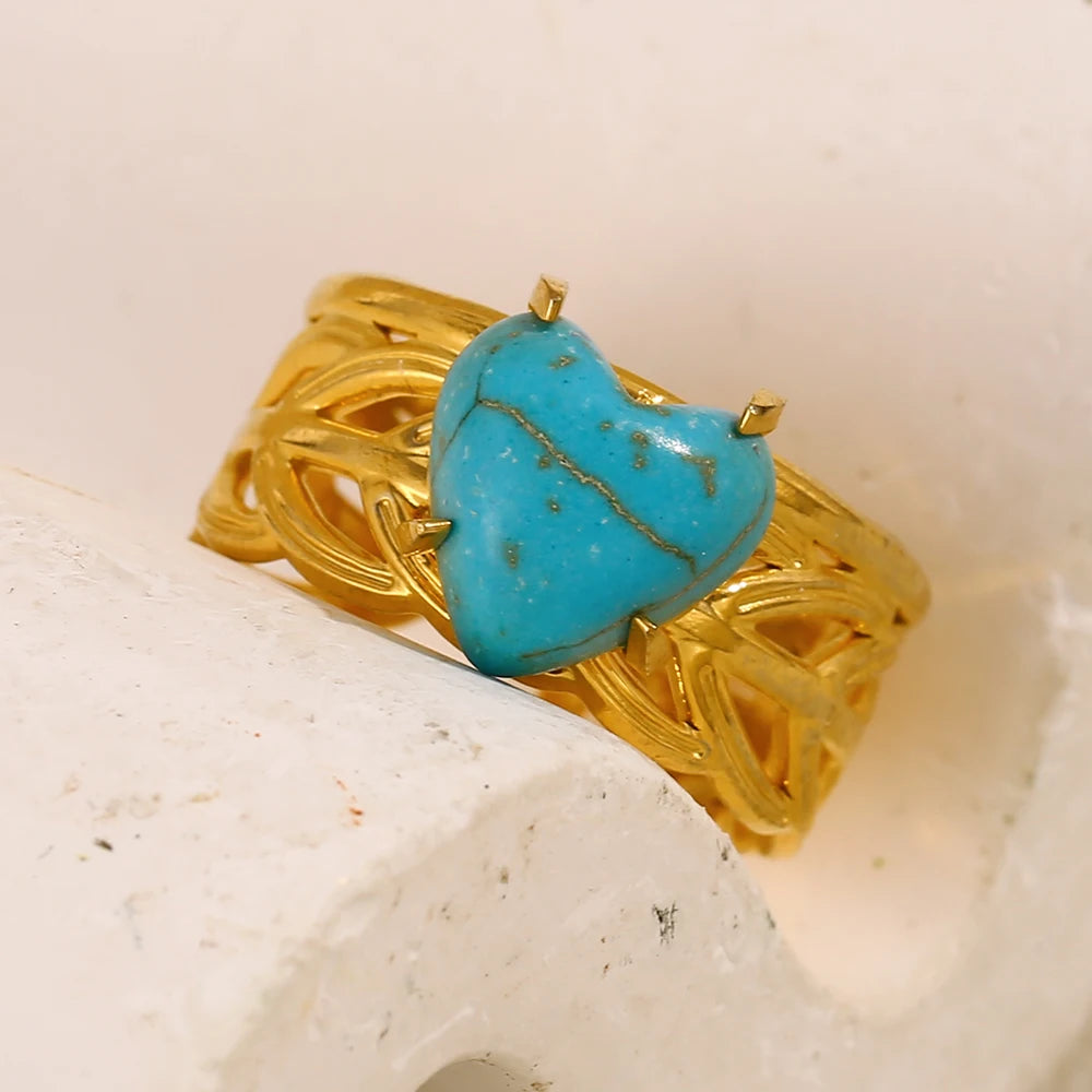 E.B.belle Leaf Pattern Natural Blue Turquoise Stone Heart Opening Ring 18K Gold Plated Stainless Steel Party Waterproof Jewelr y