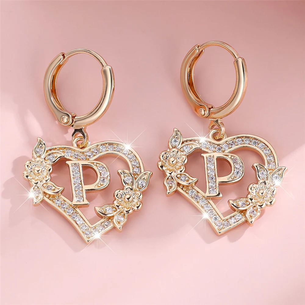 Female A-Z 26 Letter Heart Flower Hoop Earrings Yellow Gold Color White Zircon Wedding Jewelry For Women