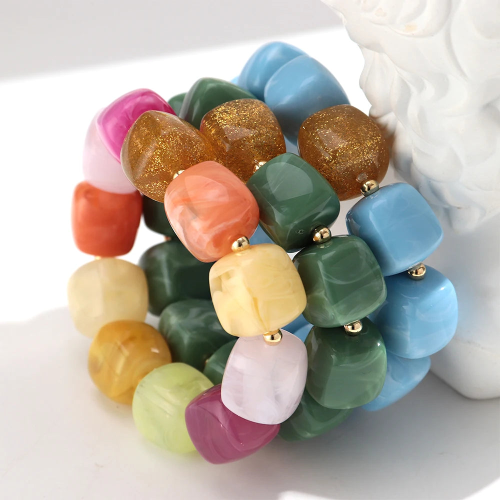 Trendy Resin Square Beaded Elastic Bracelets Colorful Geometric Beads Stretch Bangle Bracelet 2026 New Jewelry