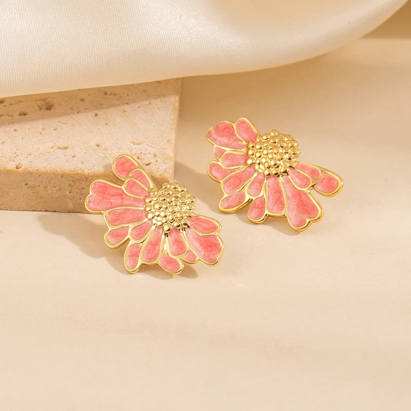 ANENJERY 316L Stainless Steel Drop Oil Flower Stud Earrings For Women Temperament Vintage Elegant Simple Jewelry Gifts Wholesale