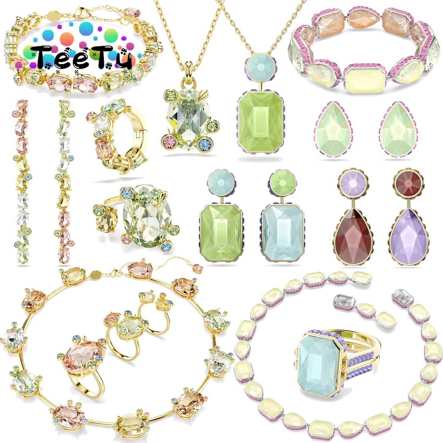 2026 New Trend Fine Anniversary Jewelry Sets Charming Blue Flower Green Water Drop Crystal Luxury Women's Necklace Ring Earrings