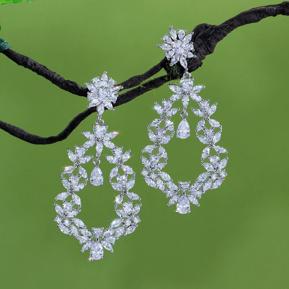 ThreeGraces Shining White Cubic Zirconia Big Long Flower Dangle Bridal Earrings for Women Fashion Wedding Party Jewelry E2018