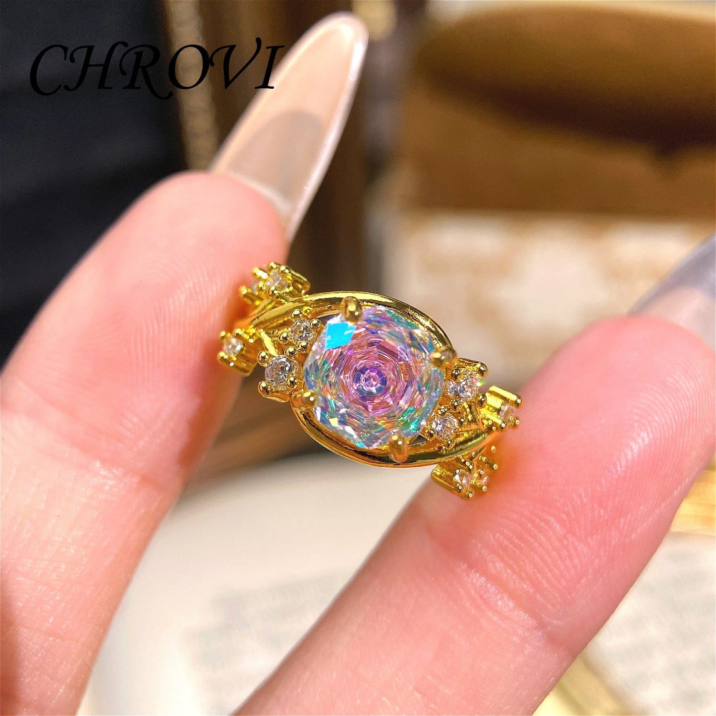 Exquisite 925 Sterling Silver Octagonal Millennium Rose Ring Gold-Plated Gemstone Engagement Ring for Women