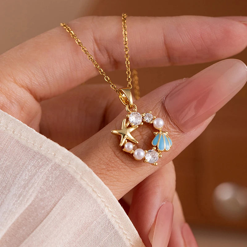 ANENJERY 316L Stainless Steel Flower Butterfly Shell Pendant Necklace For Women Delicate Elegant Fashion Jewelry Gifts Wholesale