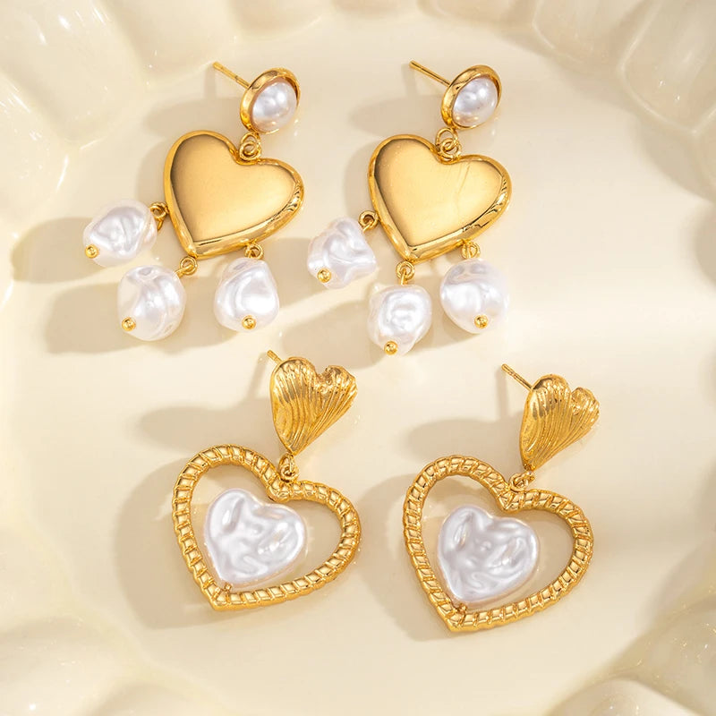 ANENJERY 316L Stainless Steel Imitation Pearls Hollow Heart Stud Earrings For Women French Vintage Luxury Niche Jewelry Gift