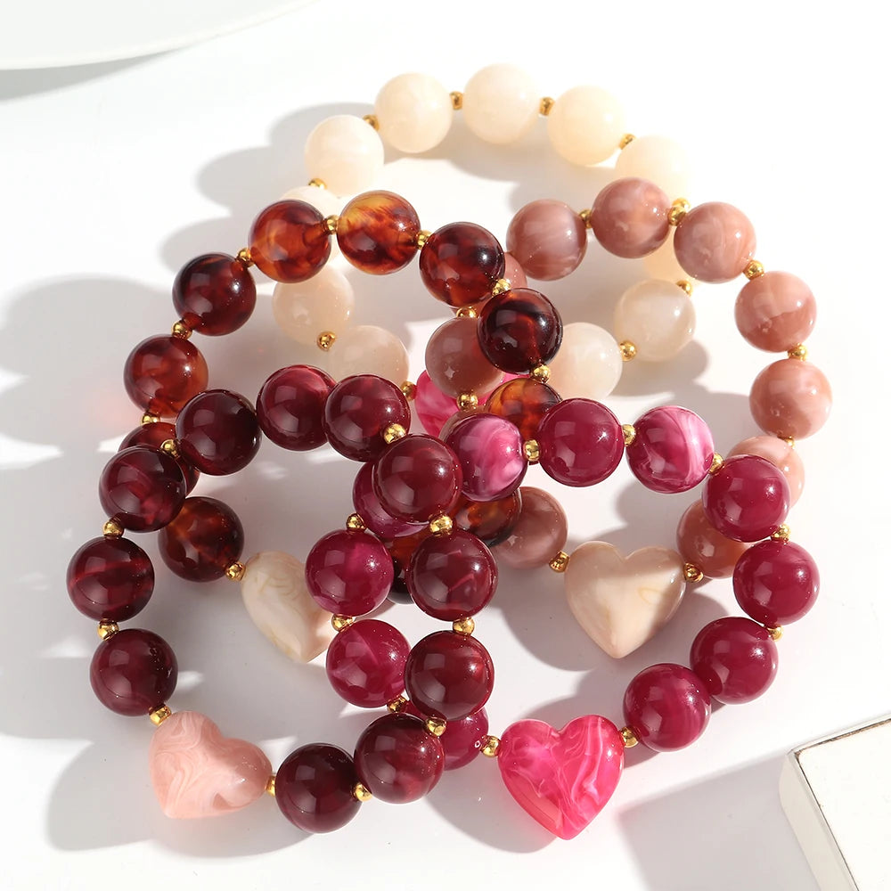 Trendy Acrylic Round Heart Beads Elastic Bangle Bracelets Resin Colorful Geometric Beaded Stretch Bracelet Women Charm Jewelry